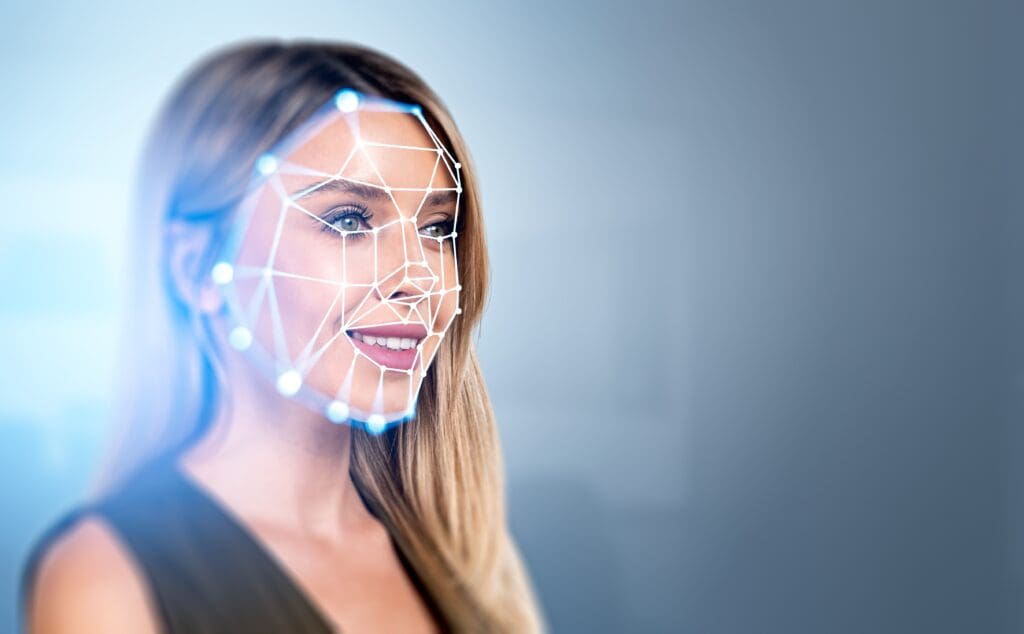 Smiling,Businesswoman,Portrait,And,Digital,Biometric,Scanning,Hologram,,Face,Detection