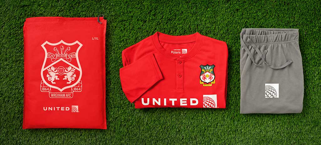 United Airlines introduces limited-edition Wrexham AFC amenity kits and pyjamas for premium cabin travellers on long-haul international routes, celebrating the football team's promotion and global popularity.