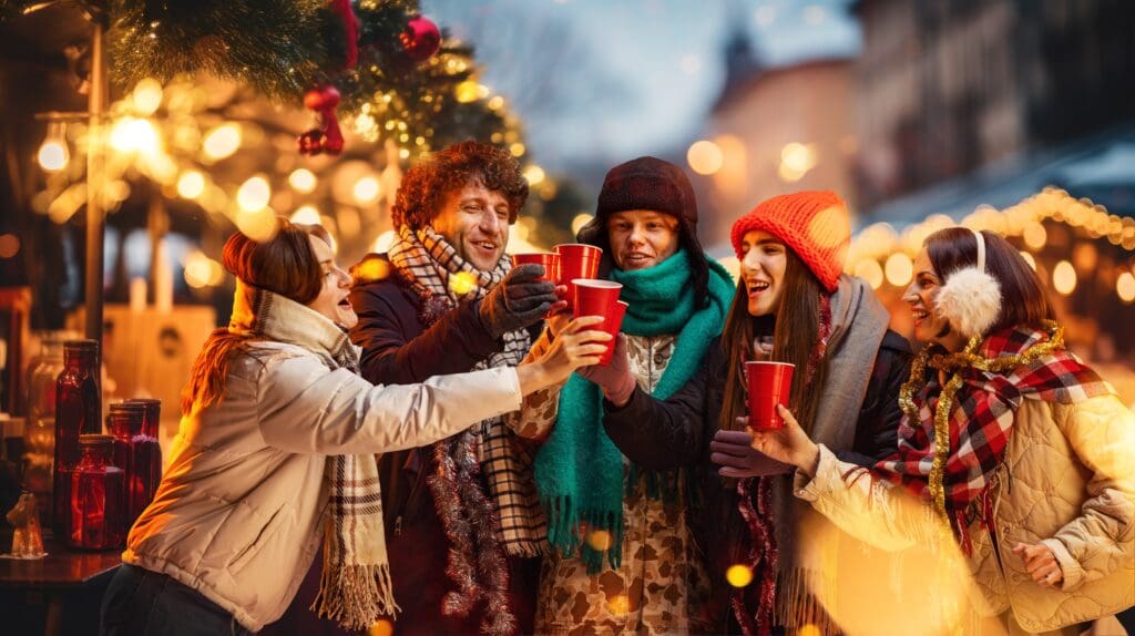 Group,Of,Young,People,,Friends,Walking,On,Cozy,Winter,Evening