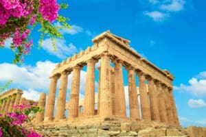 Parthenon,Temple,,Acropolis,Hill,,Athens,Greece,Over,Beautiful,Blue,Sky