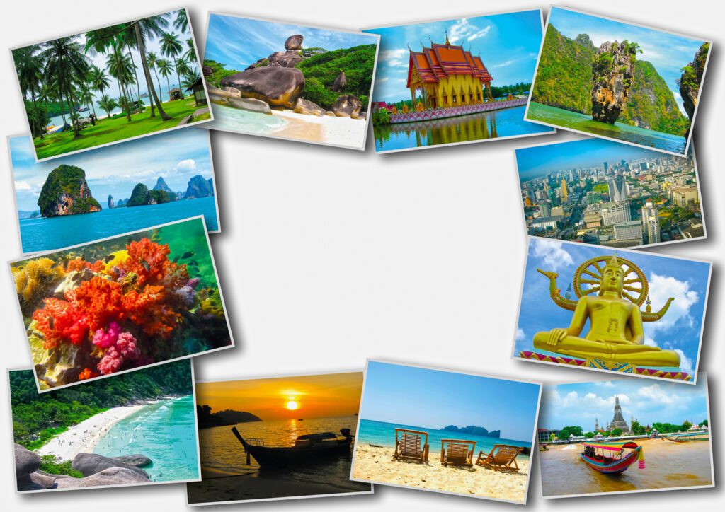 Thai travel tourism concept design - collage of Thailand images