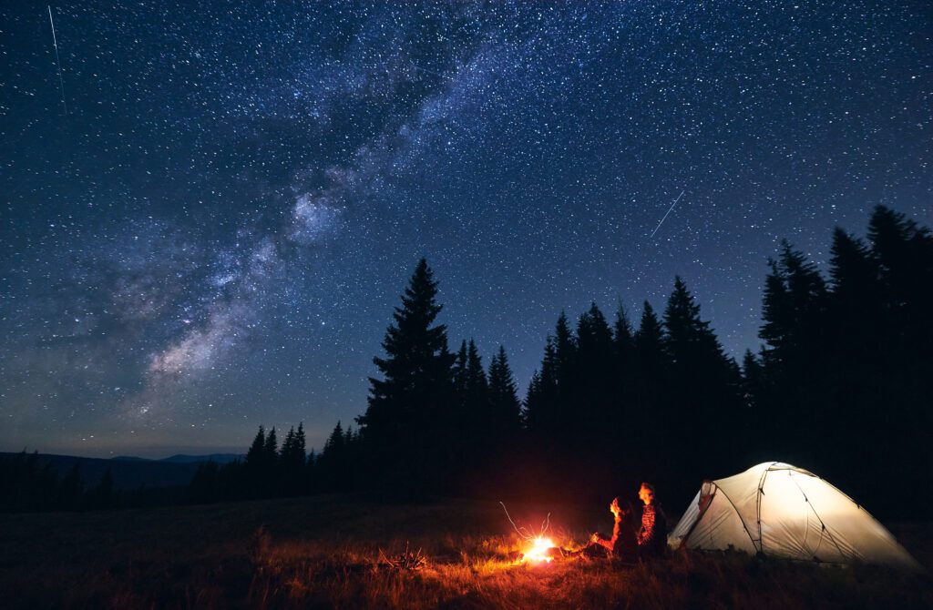 Young,Couple,Hikers,Sitting,Near,Bright,Burning,Bonfire,And,Illuminated