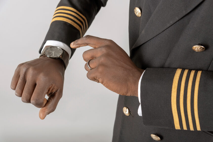 Airline,Pilot,Checking,Time,On,His,Wristwatch.