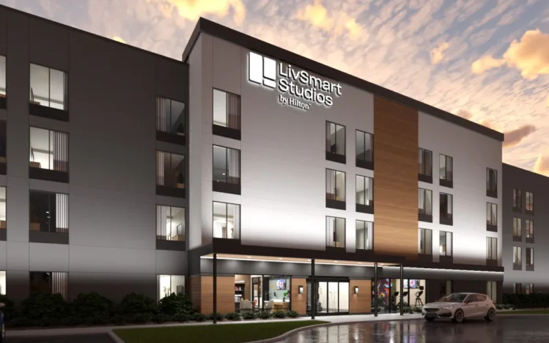 LivSmart Studios By Hilton Exterior Rendering Scaled