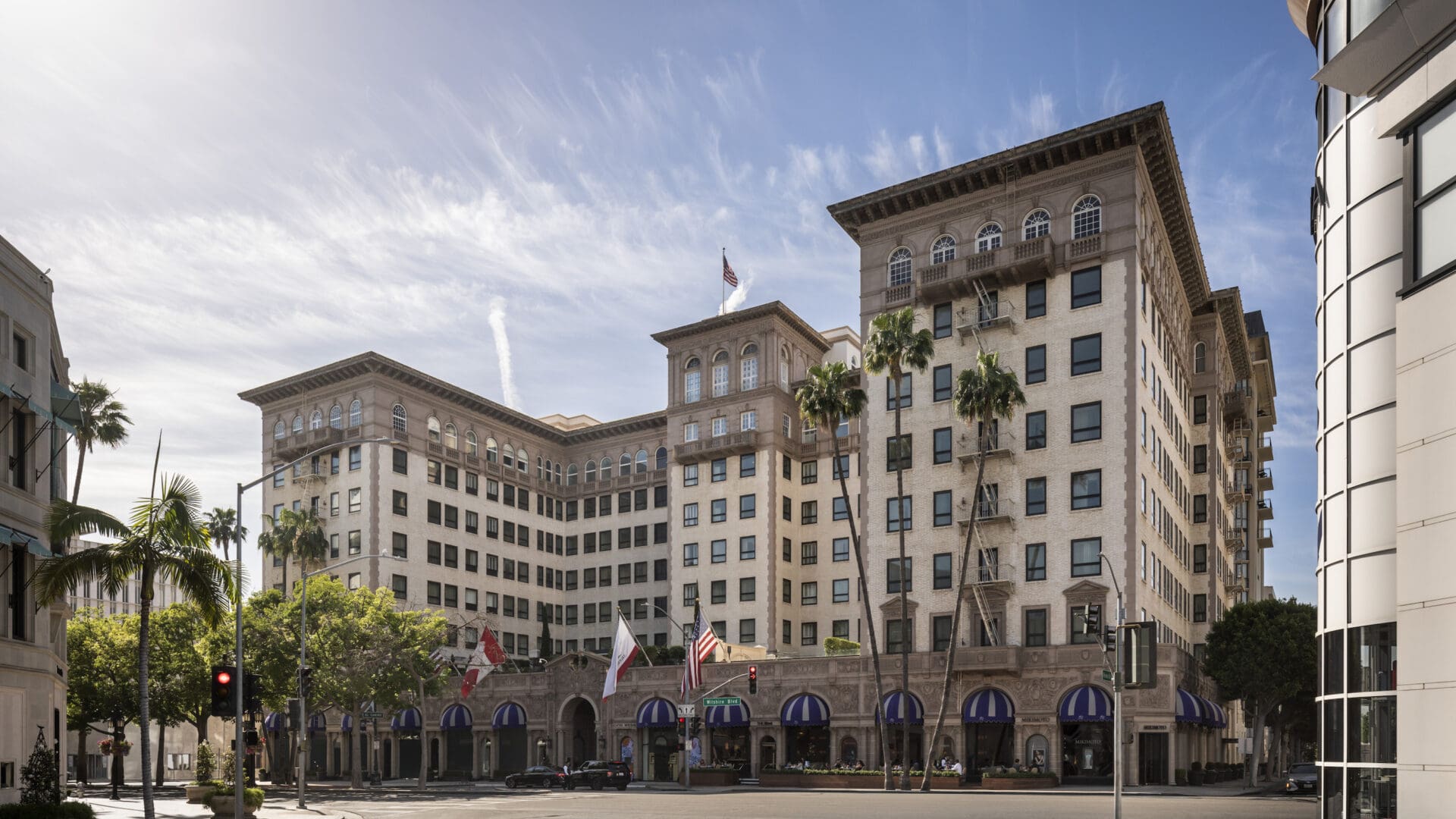 Beverly Wilshire hotel facade at the foot of Rodeo Drive in Beverly Hills, Los Angeles