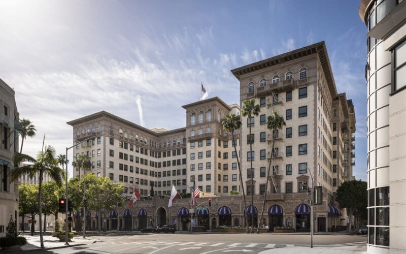 Beverly Wilshire hotel facade at the foot of Rodeo Drive in Beverly Hills, Los Angeles