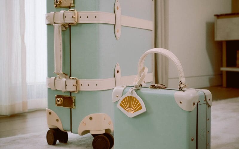 Mandarin Oriental Globe-Trotter luggage carry-on case in Celadon Green with ivory leather trim and brass hardware