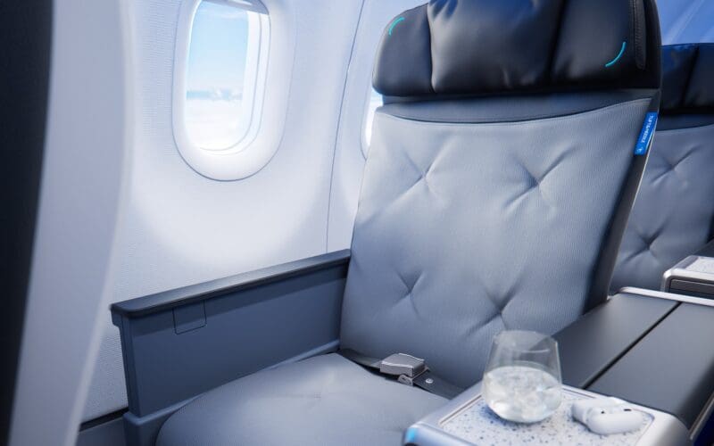 JetBlue first class BlueFirst recliner seats in a two-by-two cabin layout